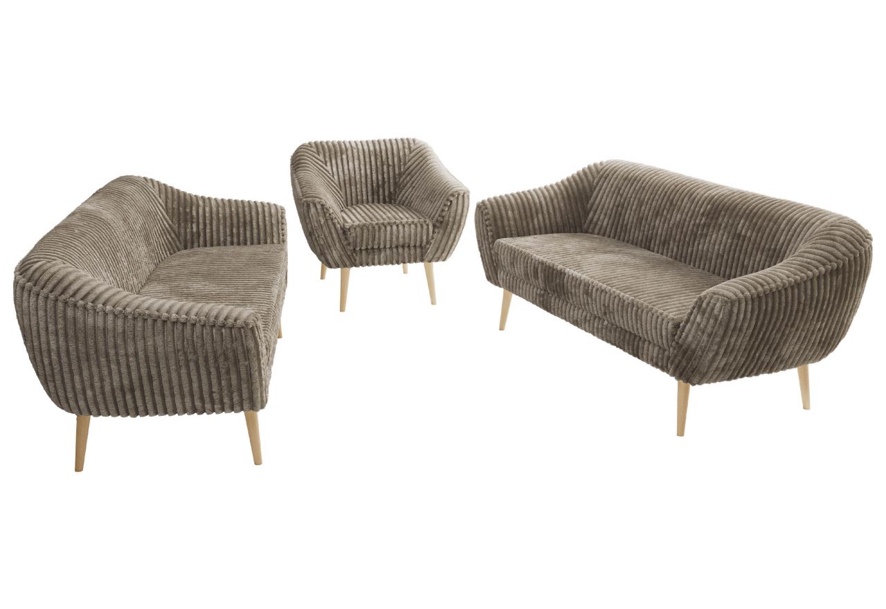 Zestaw PIRS 3+3+1 - jasnobrązowy, sztruks - nóżki,  buk