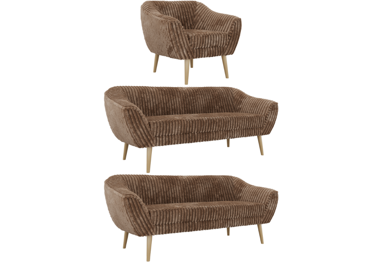 Zestaw PIRS 3+3+1 - brązowy, sztruks - nóżki,  buk