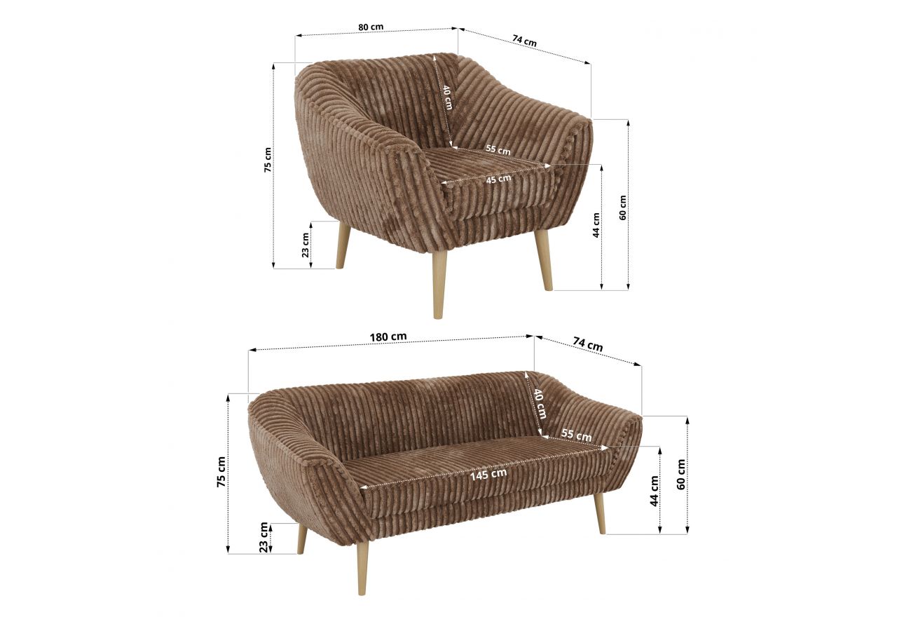 Zestaw PIRS 3+3+1 - brązowy, sztruks - nóżki,  buk