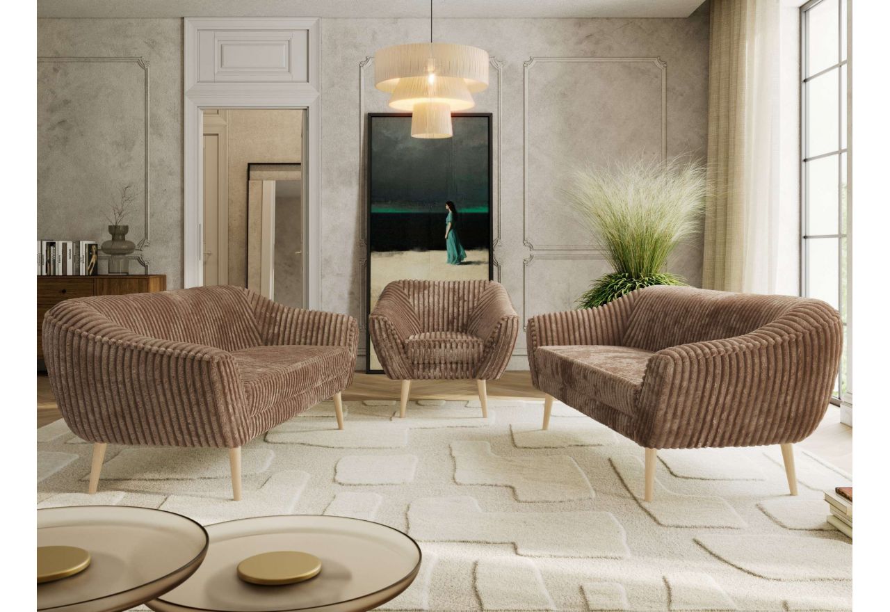 Zestaw PIRS 3+3+1 - brązowy, sztruks - nóżki,  buk