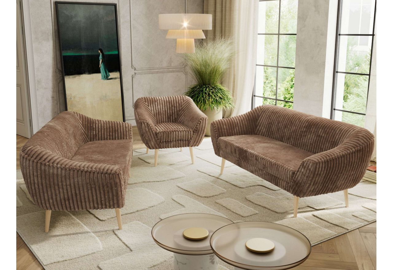 Zestaw PIRS 3+3+1 - brązowy, sztruks - nóżki,  buk