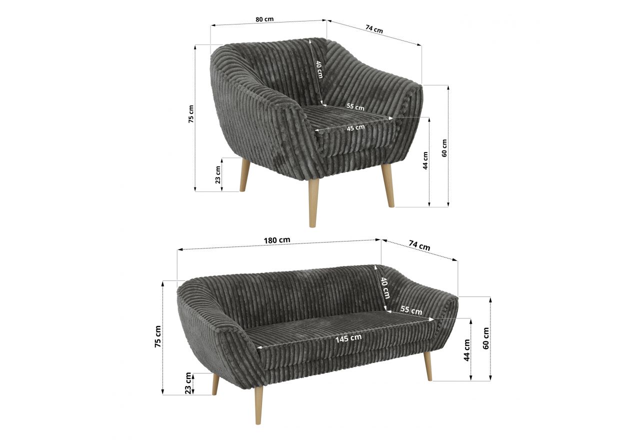 Zestaw PIRS 3+3+1 - szary, sztruks - nóżki,  buk