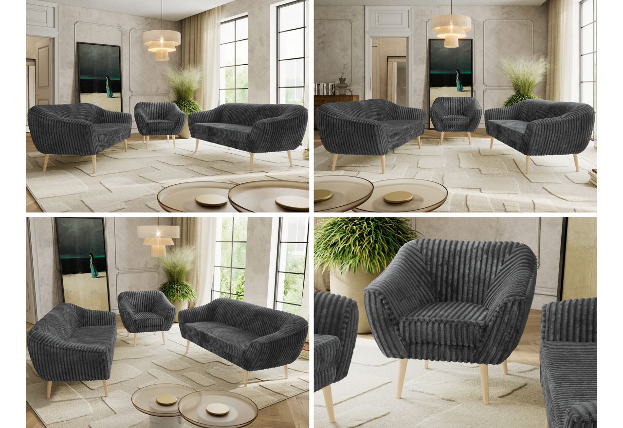 Zestaw PIRS 3+3+1 - szary, sztruks - nóżki,  buk