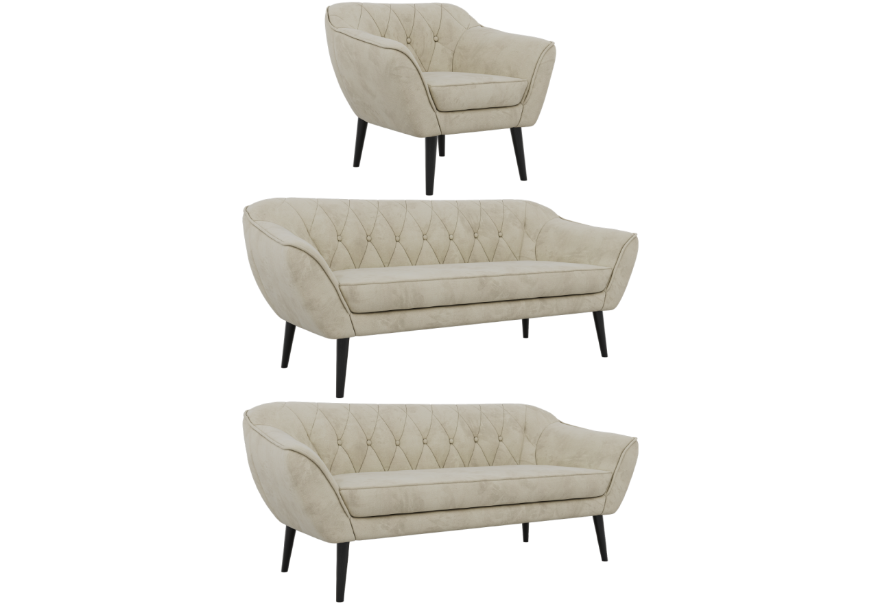 Zestaw PIRS 3+3+1 - kremowy, welwet - nóżki,  czarny