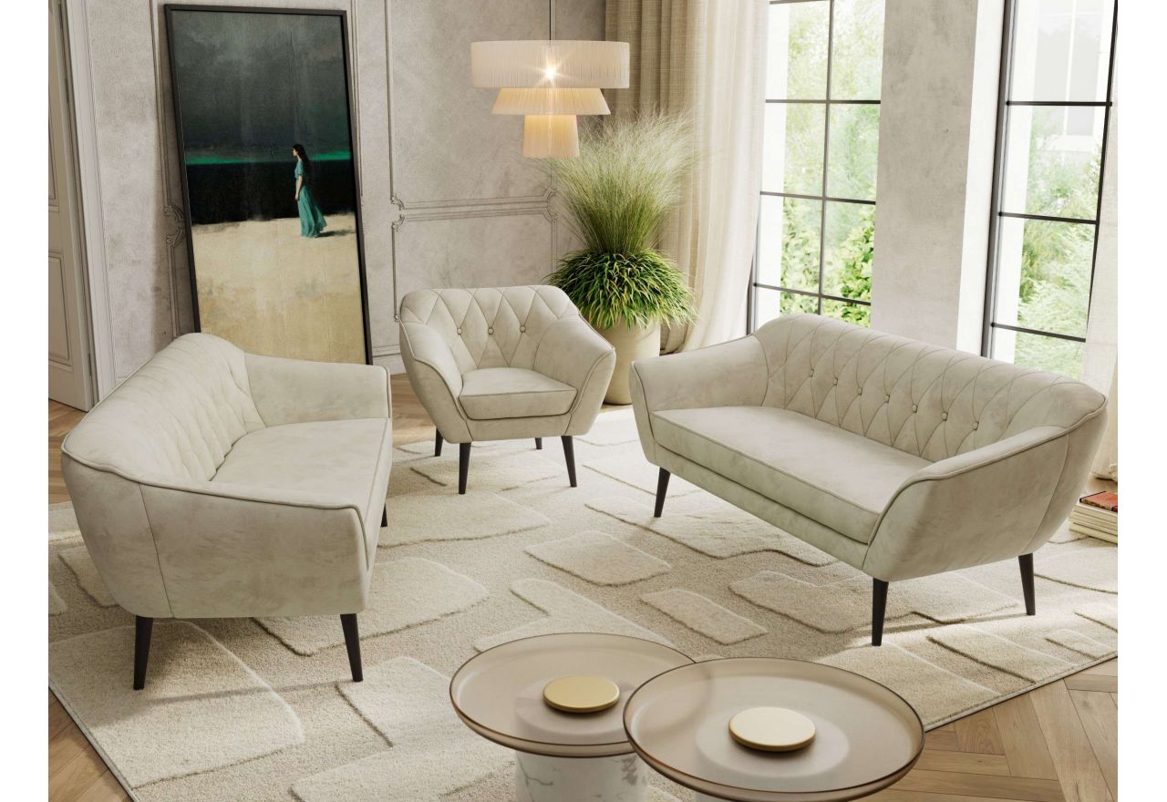 Zestaw PIRS 3+3+1 - kremowy, welwet - nóżki,  czarny