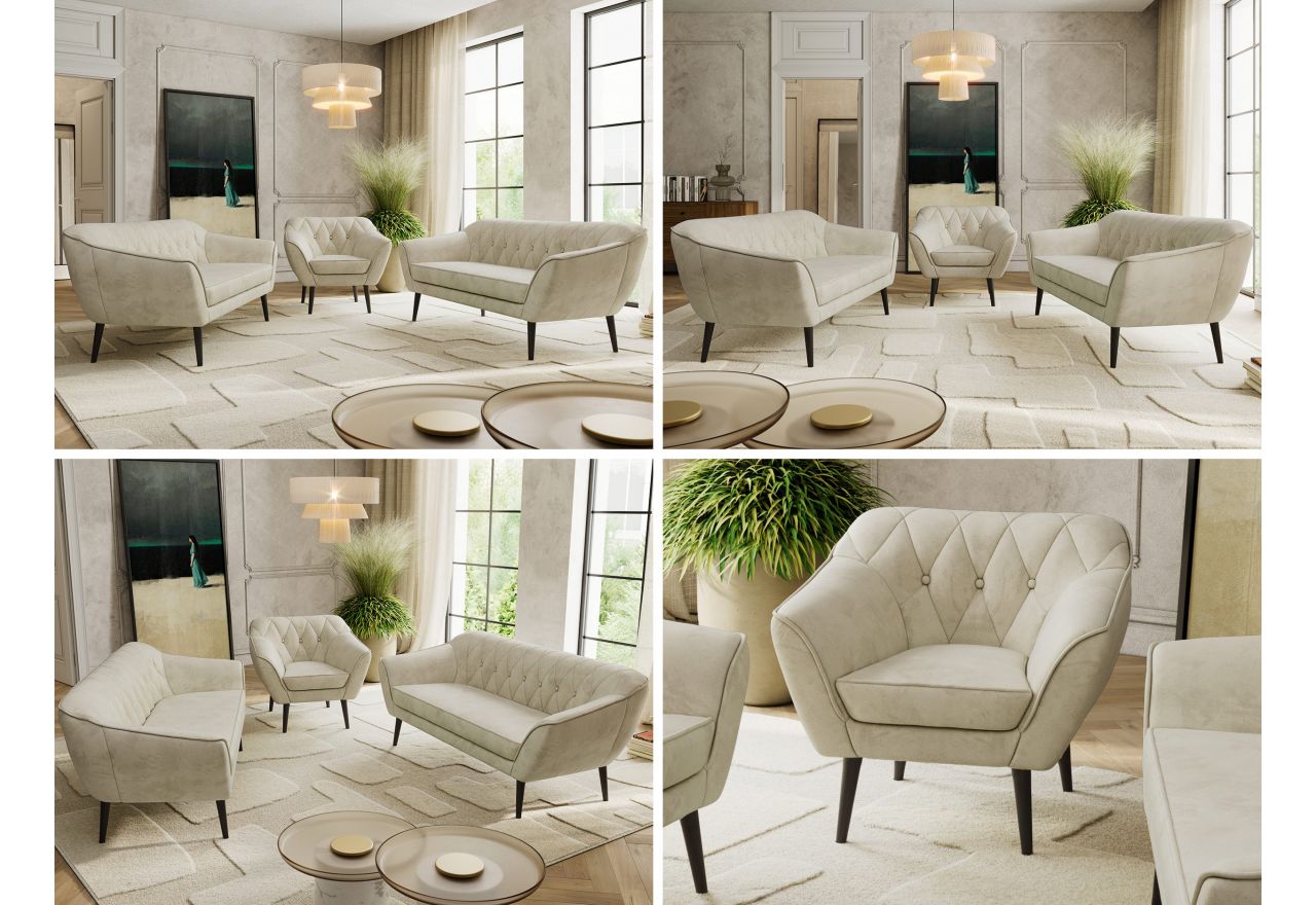 Zestaw PIRS 3+3+1 - kremowy, welwet - nóżki,  czarny