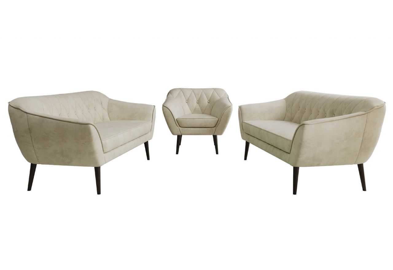 Zestaw PIRS 3+3+1 - kremowy, welwet - nóżki,  czarny