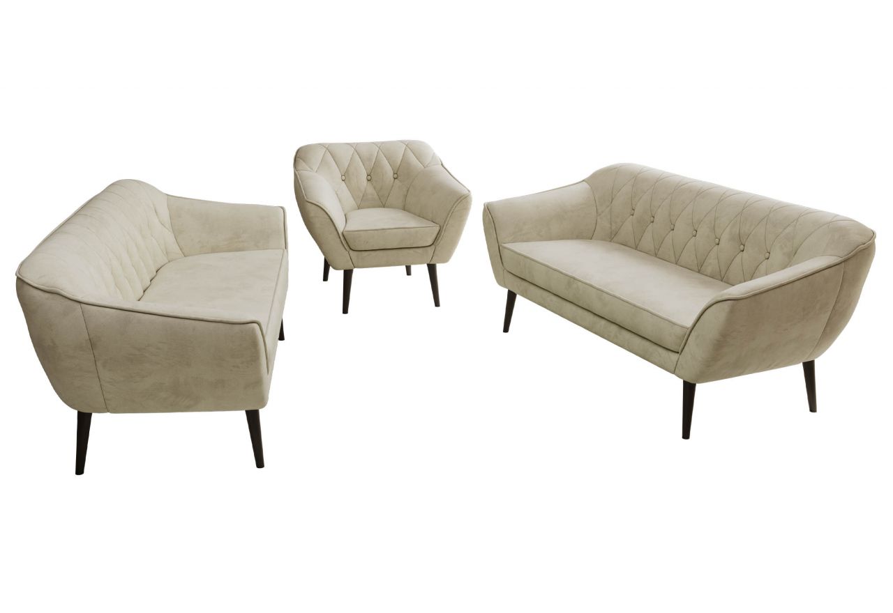 Zestaw PIRS 3+3+1 - kremowy, welwet - nóżki,  czarny