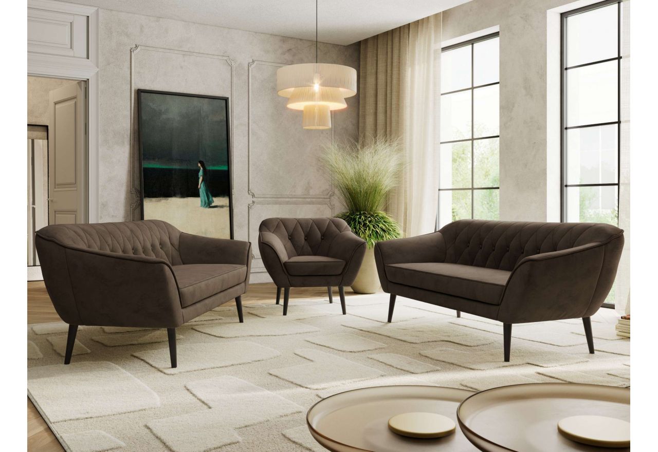 Zestaw PIRS 3+3+1 - brązowy, welwet - nóżki,  czarny