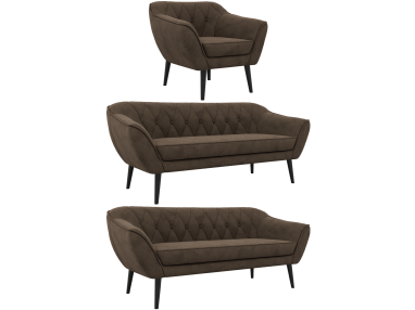 Zestaw PIRS 3+3+1 - brązowy, welwet - nóżki,  czarny