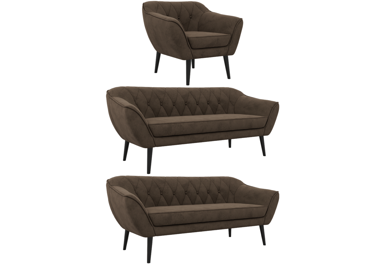 Zestaw PIRS 3+3+1 - brązowy, welwet - nóżki,  czarny