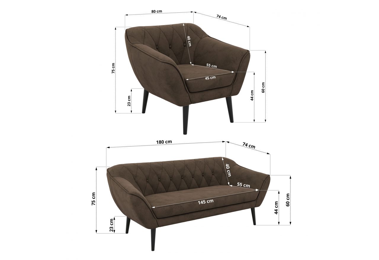 Zestaw PIRS 3+3+1 - brązowy, welwet - nóżki,  czarny