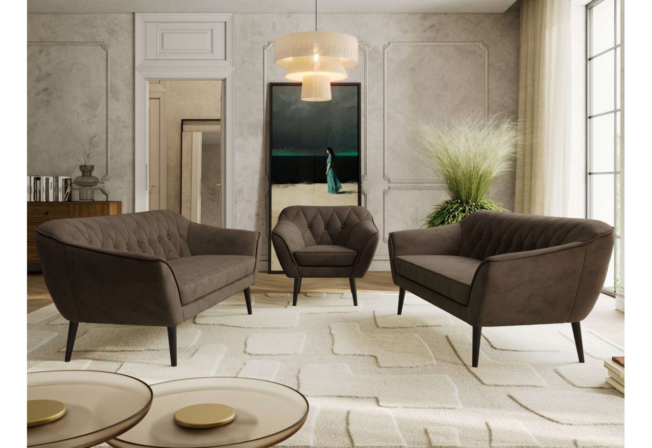 Zestaw PIRS 3+3+1 - brązowy, welwet - nóżki,  czarny