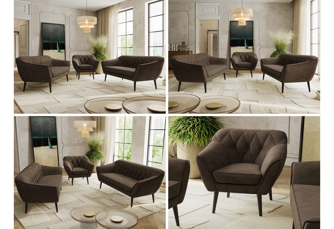 Zestaw PIRS 3+3+1 - brązowy, welwet - nóżki,  czarny