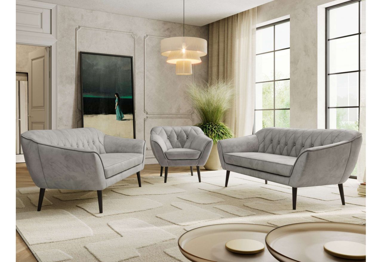 Zestaw PIRS 3+3+1 - jasnoszary, welwet - nóżki,  czarny