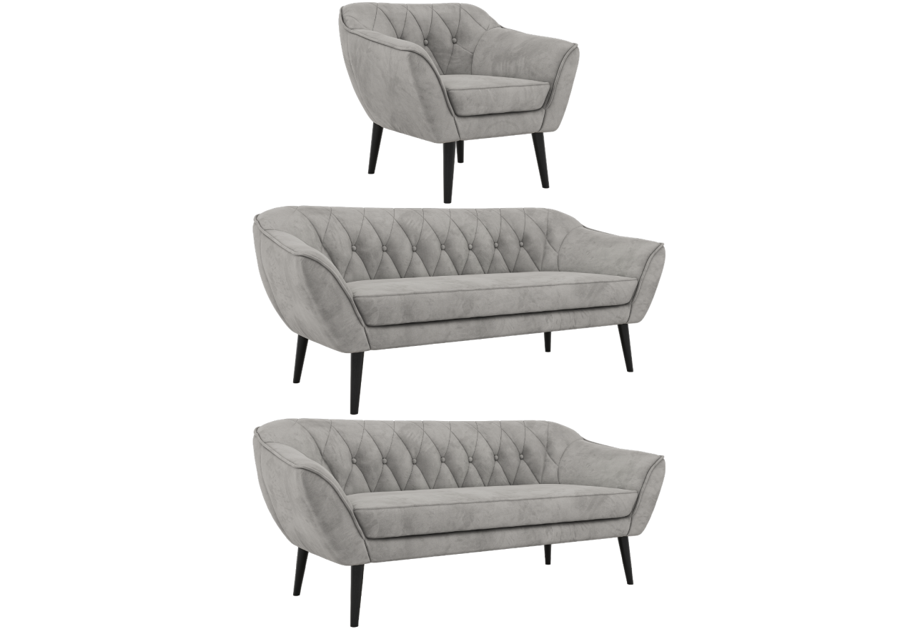 Zestaw PIRS 3+3+1 - jasnoszary, welwet - nóżki,  czarny