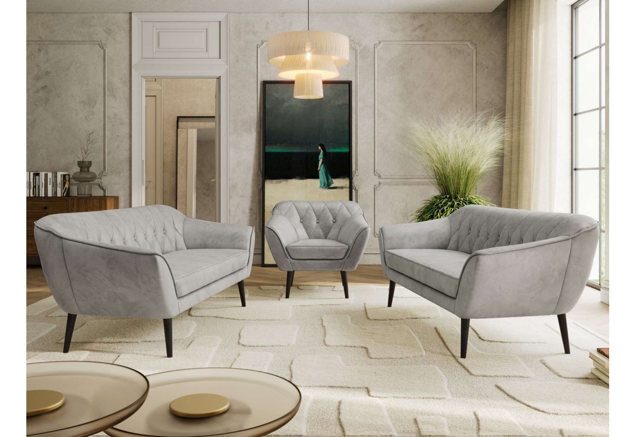 Zestaw PIRS 3+3+1 - jasnoszary, welwet - nóżki,  czarny