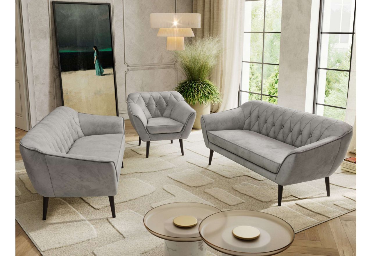 Zestaw PIRS 3+3+1 - jasnoszary, welwet - nóżki,  czarny