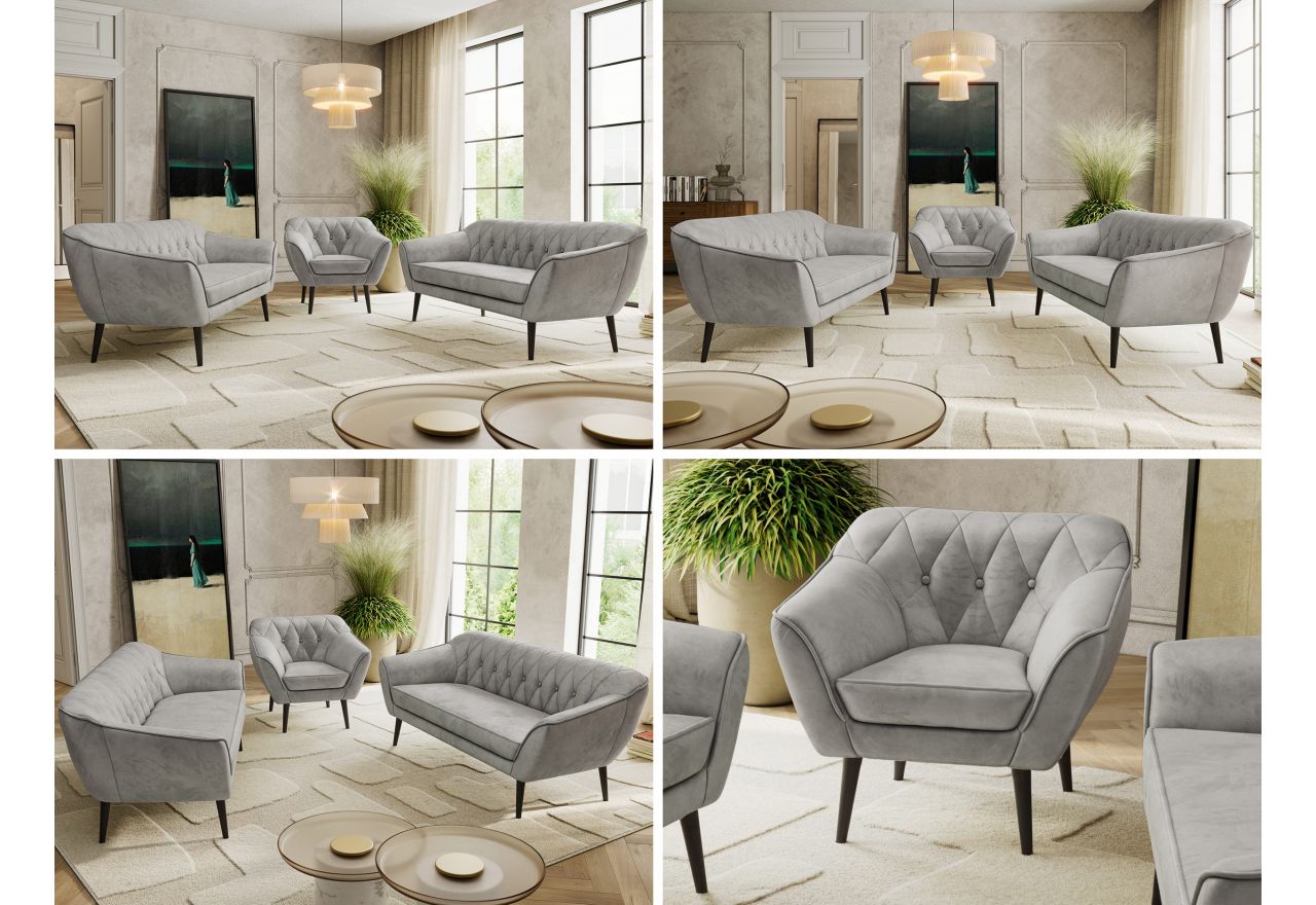 Zestaw PIRS 3+3+1 - jasnoszary, welwet - nóżki,  czarny