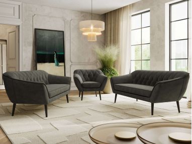 Zestaw PIRS 3+3+1 - ciemnoszary, welwet - nóżki,  czarny