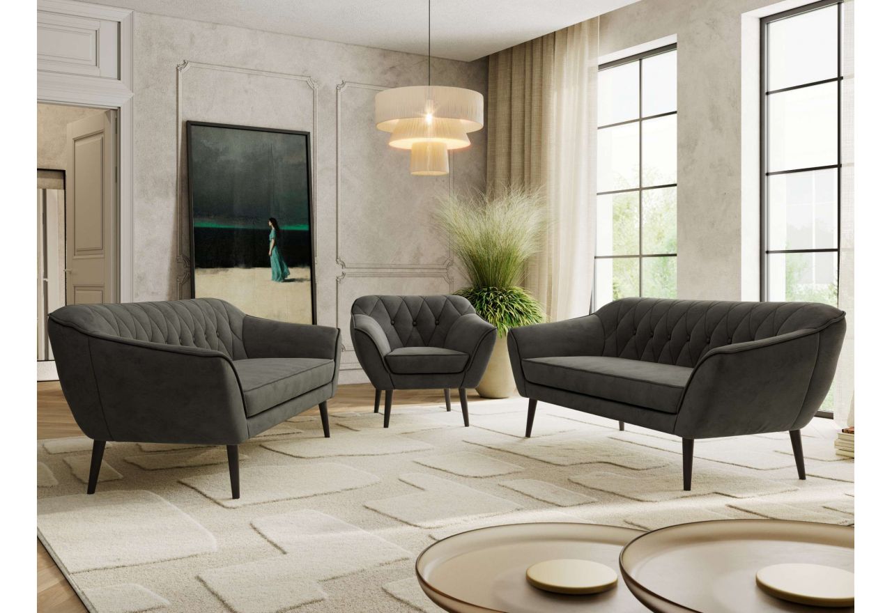 Zestaw PIRS 3+3+1 - ciemnoszary, welwet - nóżki,  czarny