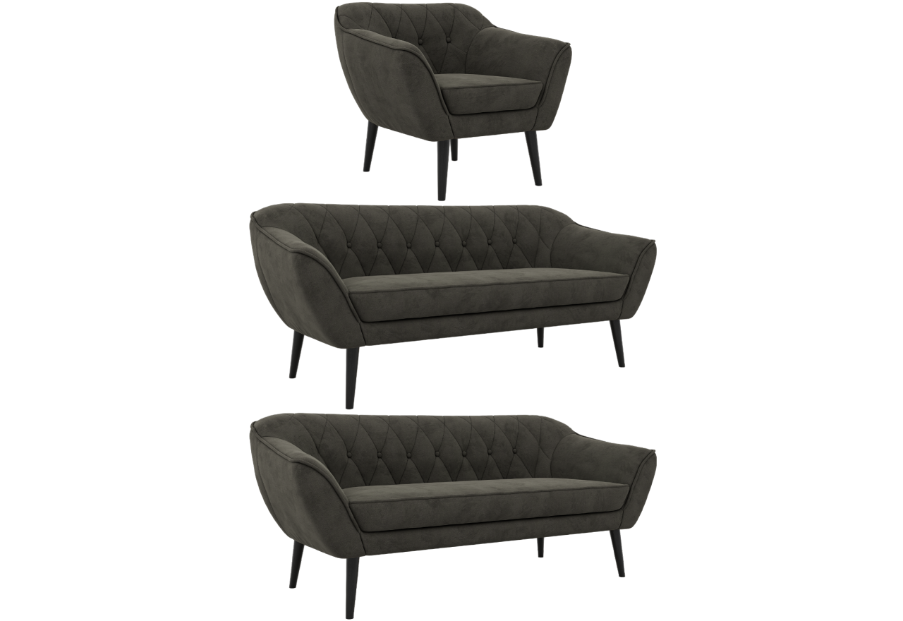 Zestaw PIRS 3+3+1 - ciemnoszary, welwet - nóżki,  czarny