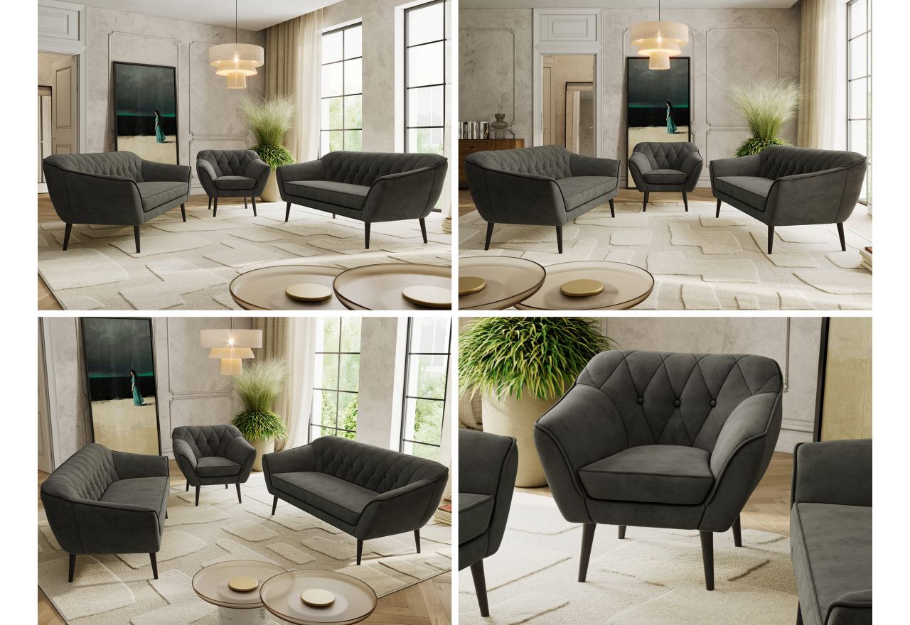 Zestaw PIRS 3+3+1 - ciemnoszary, welwet - nóżki,  czarny