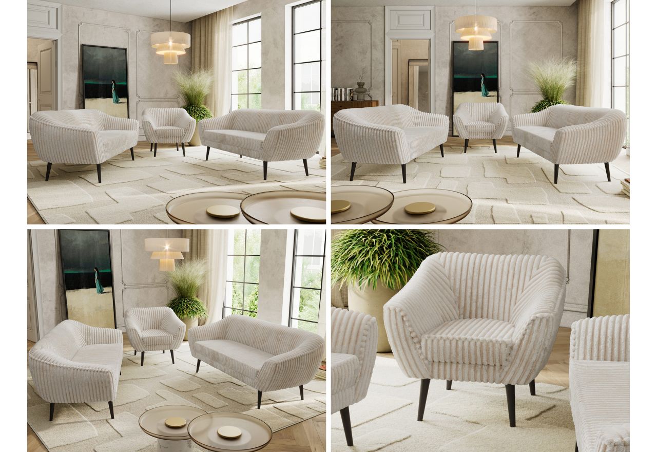 Zestaw PIRS 3+3+1 - beżowy, sztruks - nóżki,  czarny