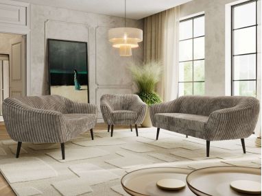 Zestaw PIRS 3+3+1 - jasnobrązowy, sztruks - nóżki,  czarny