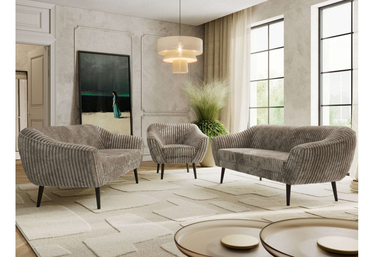 Zestaw PIRS 3+3+1 - jasnobrązowy, sztruks - nóżki,  czarny