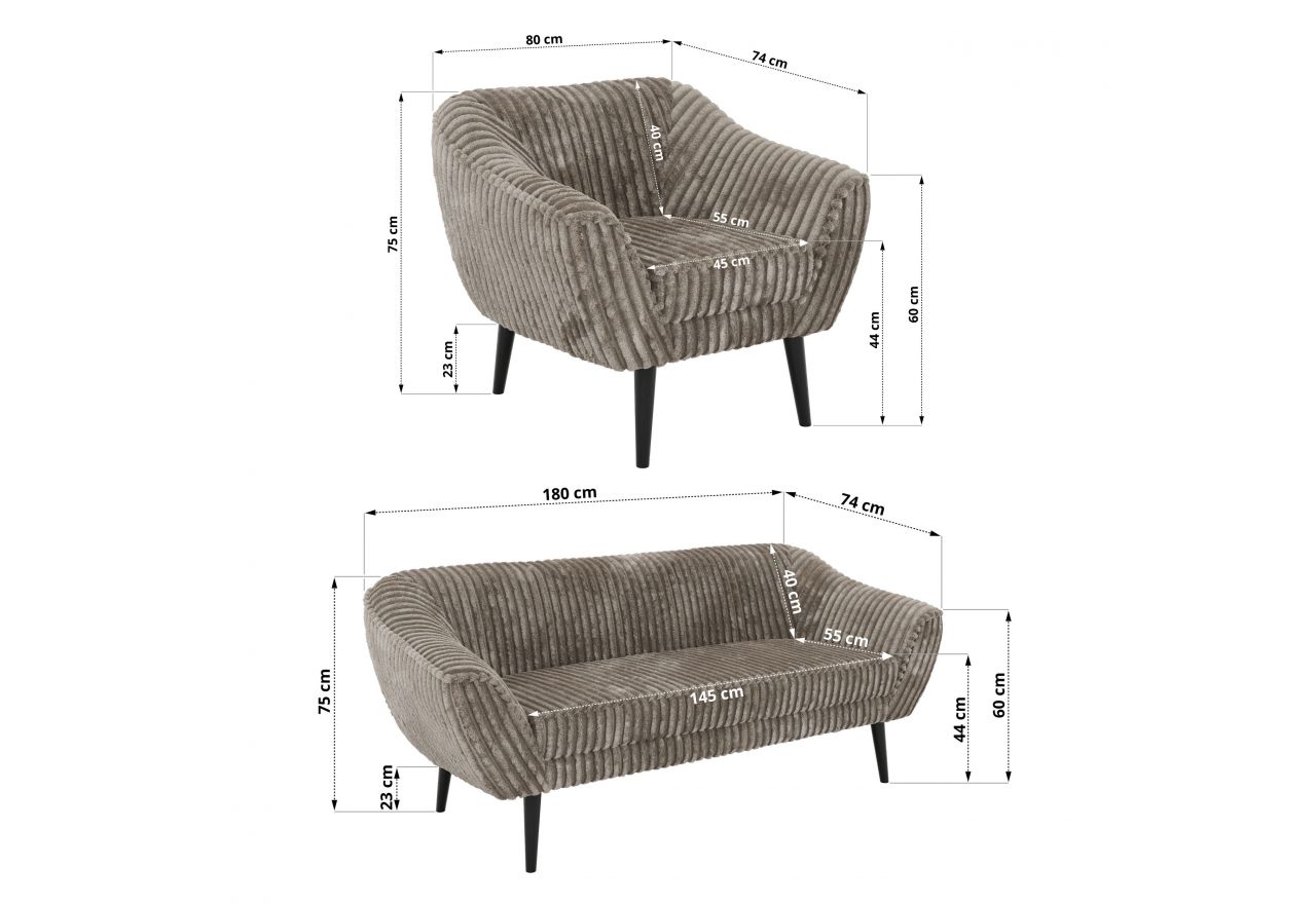 Zestaw PIRS 3+3+1 - jasnobrązowy, sztruks - nóżki,  czarny