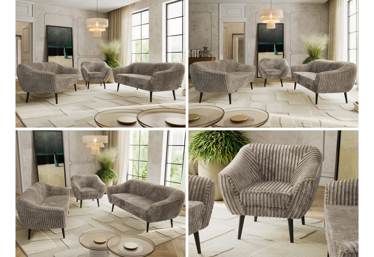 Zestaw PIRS 3+3+1 - jasnobrązowy, sztruks - nóżki,  czarny