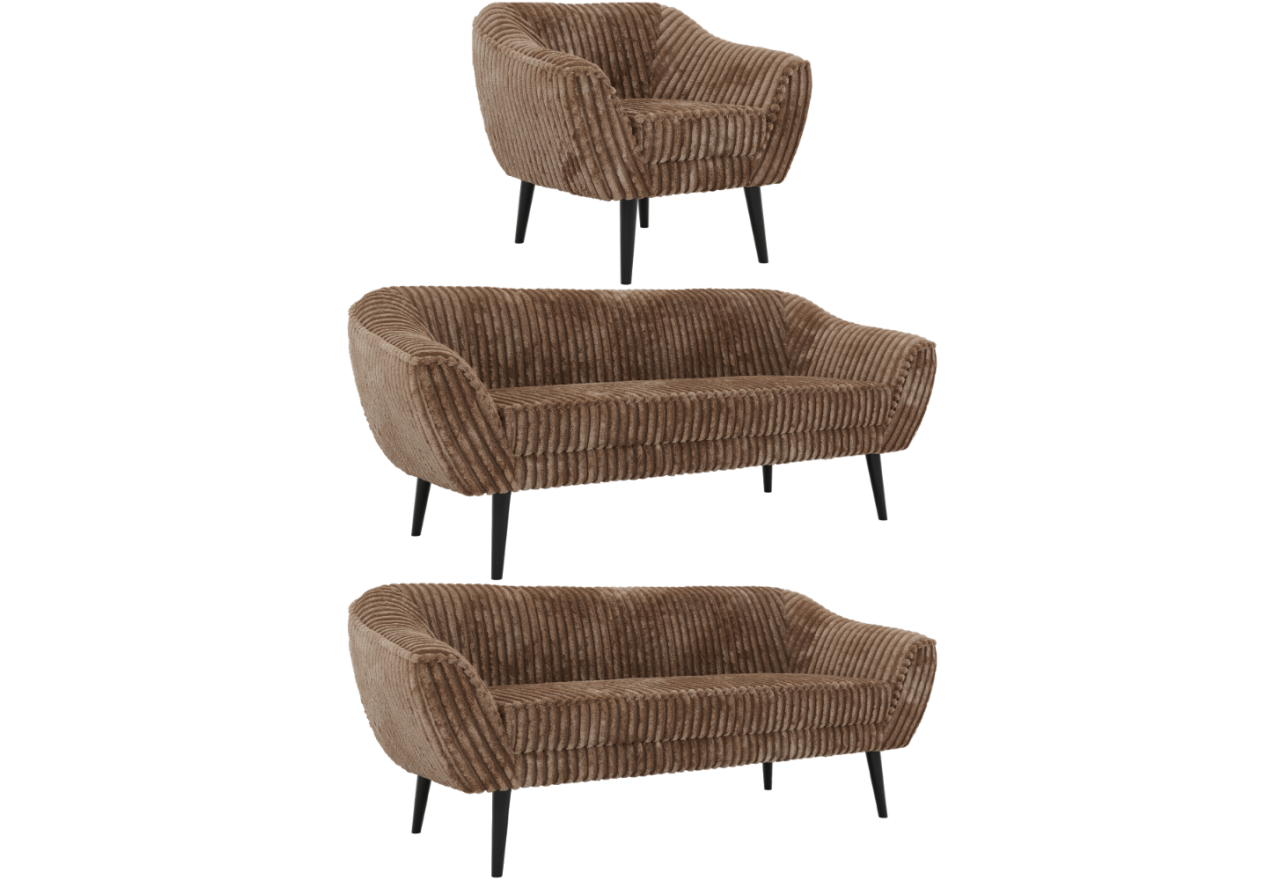 Zestaw PIRS 3+3+1 - brązowy, sztruks - nóżki,  czarny