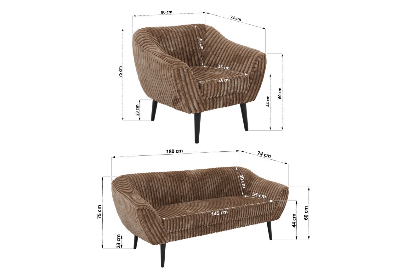 Zestaw PIRS 3+3+1 - brązowy, sztruks - nóżki,  czarny