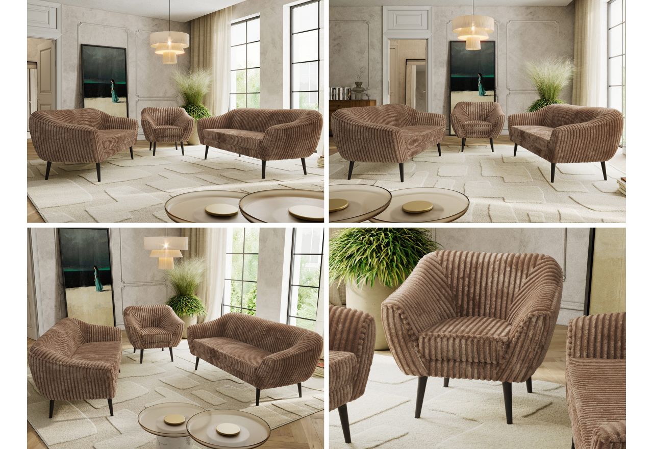 Zestaw PIRS 3+3+1 - brązowy, sztruks - nóżki,  czarny