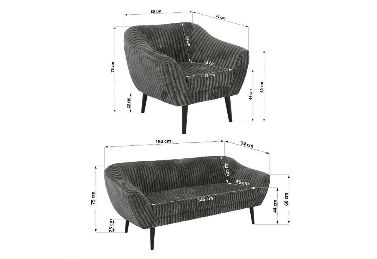 Zestaw PIRS 3+3+1 - szary, sztruks - nóżki,  czarny