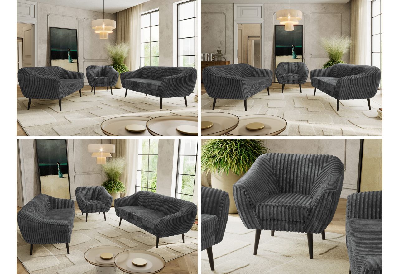 Zestaw PIRS 3+3+1 - szary, sztruks - nóżki,  czarny