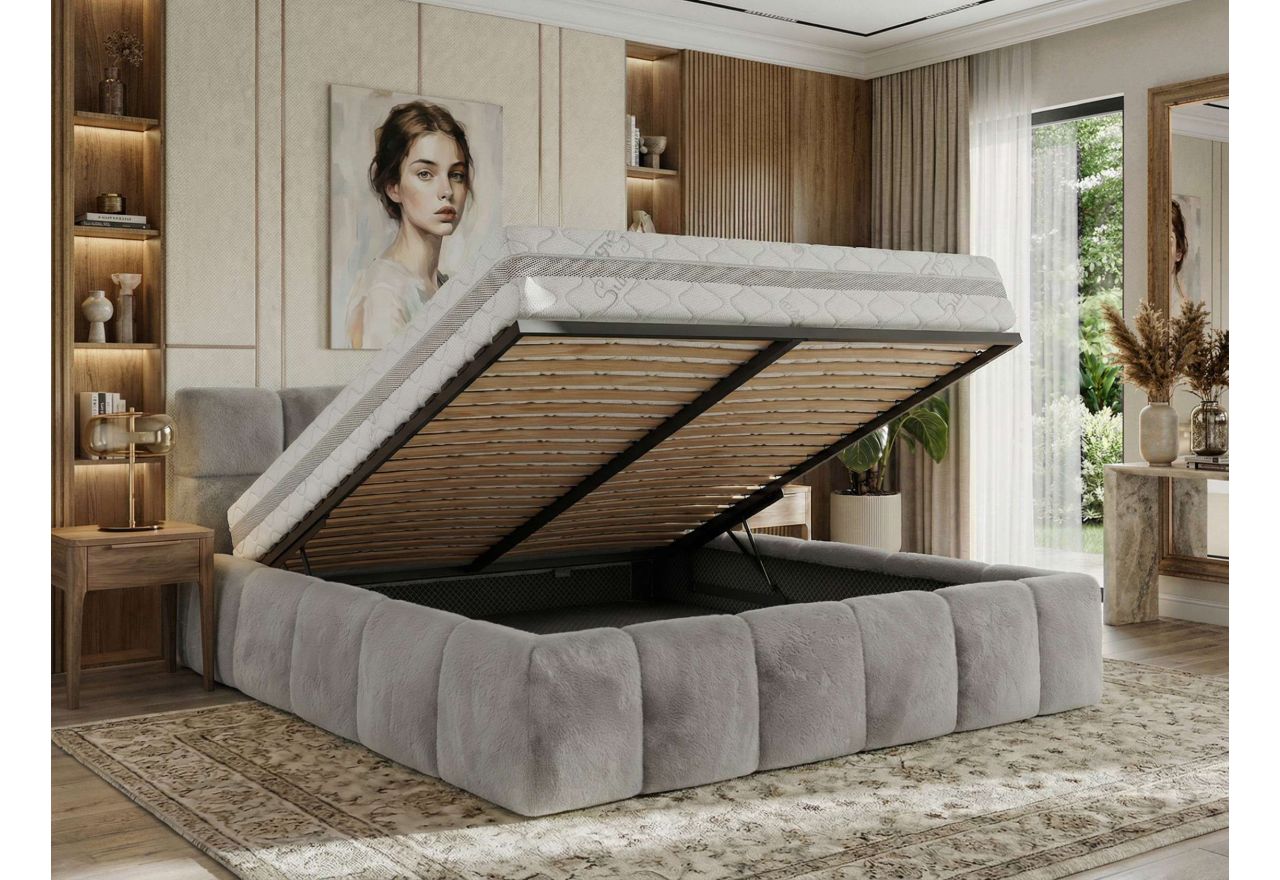 Łóżko tapicerowane NIRA CLASSIC 140x200 - materac pocket - jasnoszary, plusz