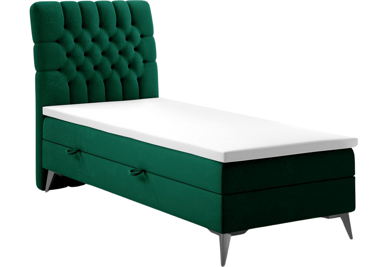 Butelkowozielone łóżko kontynentalne wąskie, MILEN 90x200 z opcja pojemnika na pościel, welurowe