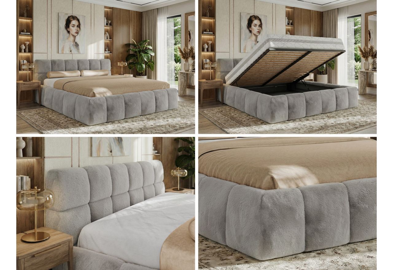 Łóżko tapicerowane NIRA CLASSIC 160x200 - materac multipocket - jasnoszary, plusz