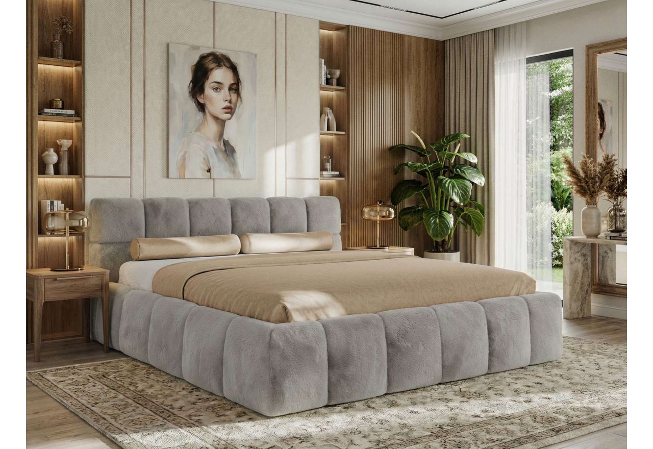 Łóżko tapicerowane NIRA CLASSIC 180x200 - materac multipocket - jasnoszary, plusz