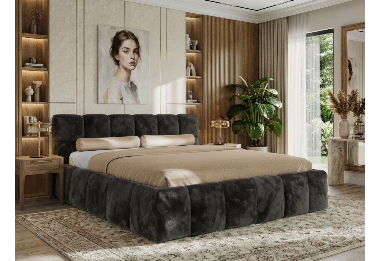 Łóżko tapicerowane NIRA CLASSIC 180x200 - materac pocket - ciemnoszary, plusz