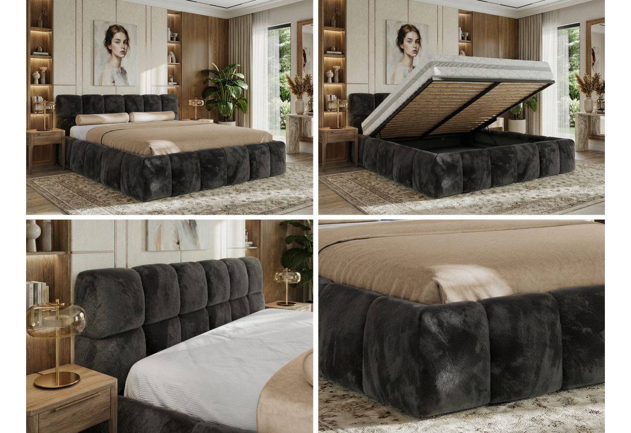 Łóżko tapicerowane NIRA CLASSIC 200x200 - materac pocket - ciemnoszary, plusz