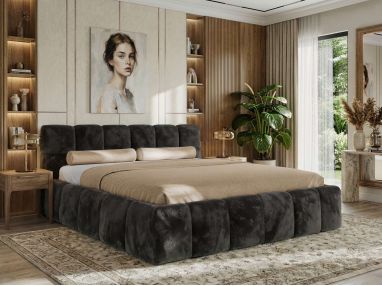Łóżko tapicerowane NIRA CLASSIC 140x200 - materac multipocket - ciemnoszary, plusz