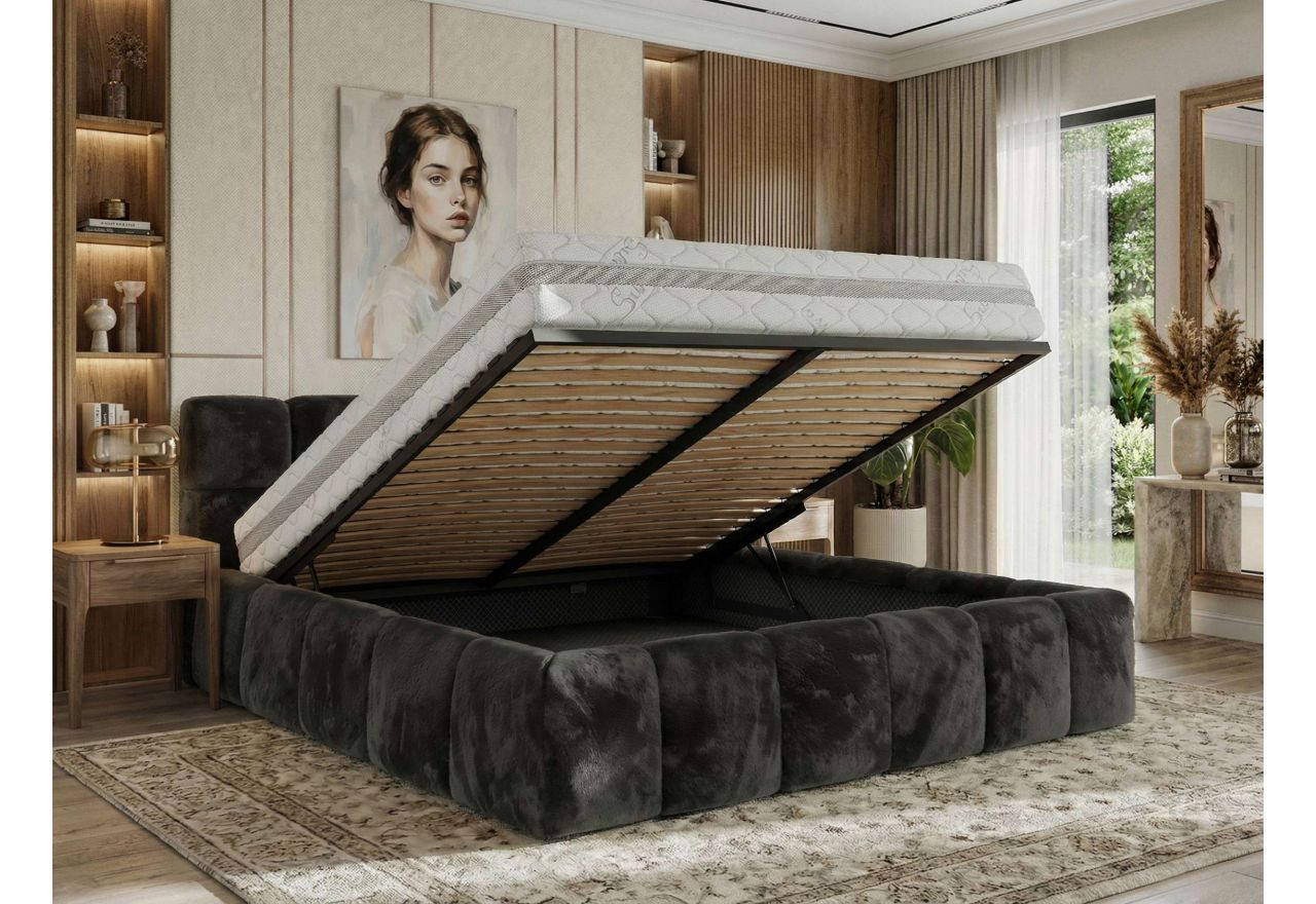 Łóżko tapicerowane NIRA CLASSIC 180x200 - materac multipocket - ciemnoszary, plusz