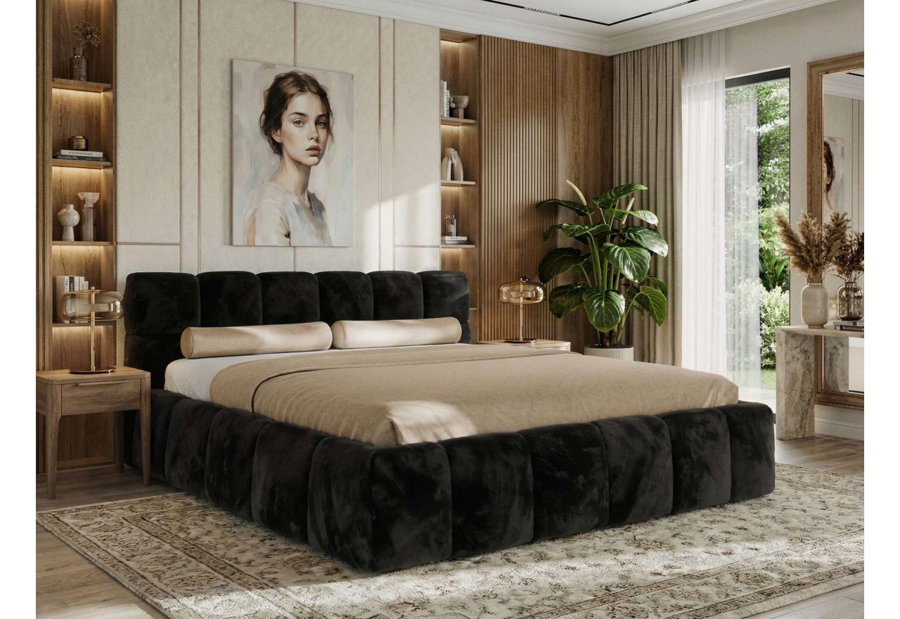 Łóżko tapicerowane NIRA CLASSIC 160x200 - materac piankowy - czarny, plusz