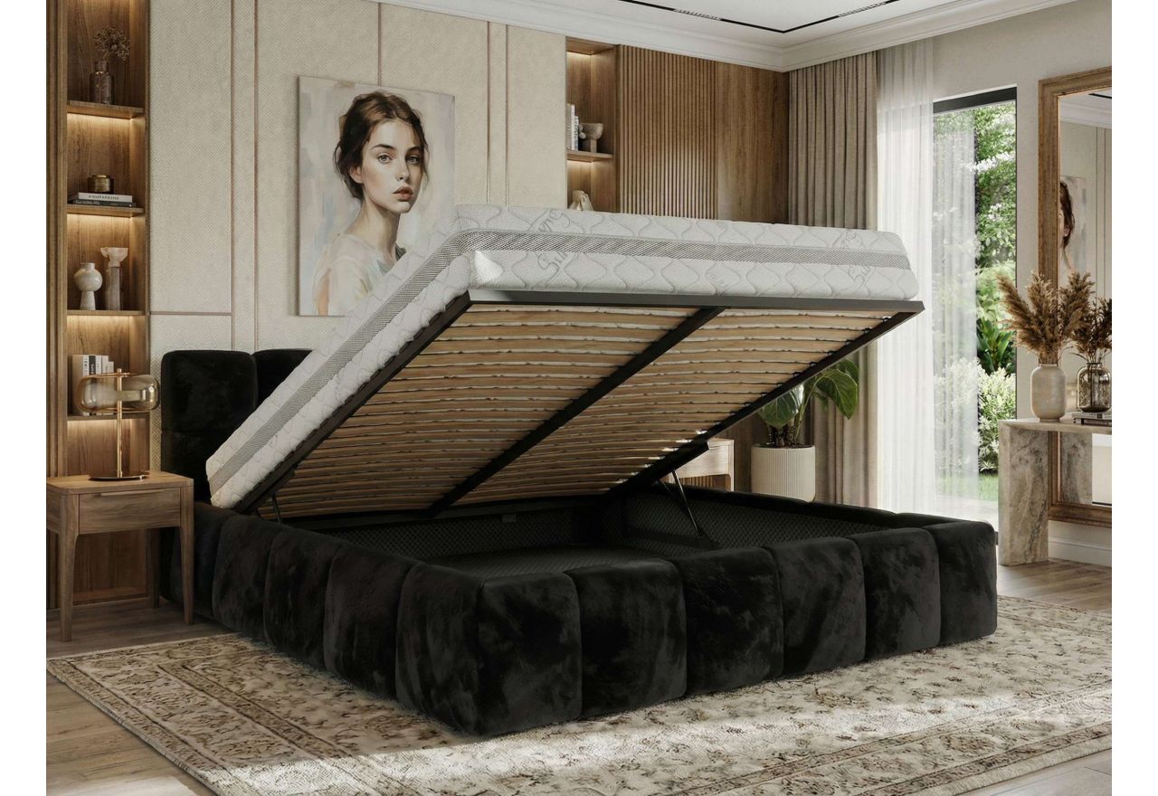 Łóżko tapicerowane NIRA CLASSIC 140x200 - materac pocket - czarny, plusz
