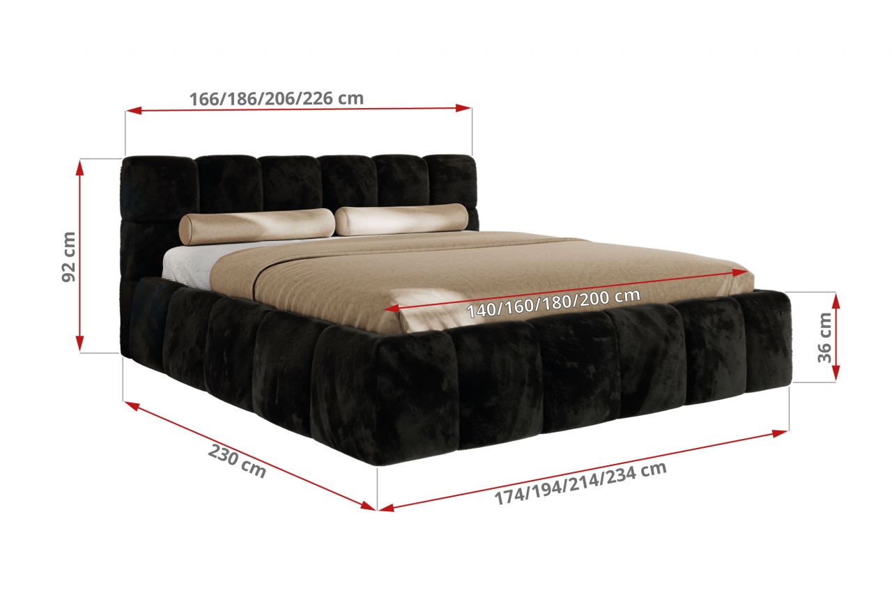 Łóżko tapicerowane NIRA CLASSIC 200x200 - materac pocket - czarny, plusz