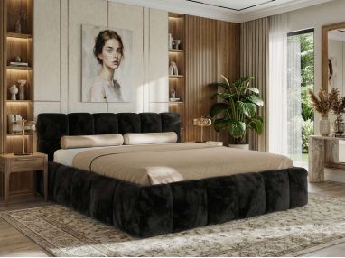Łóżko tapicerowane NIRA CLASSIC 160x200 - materac multipocket - czarny, plusz