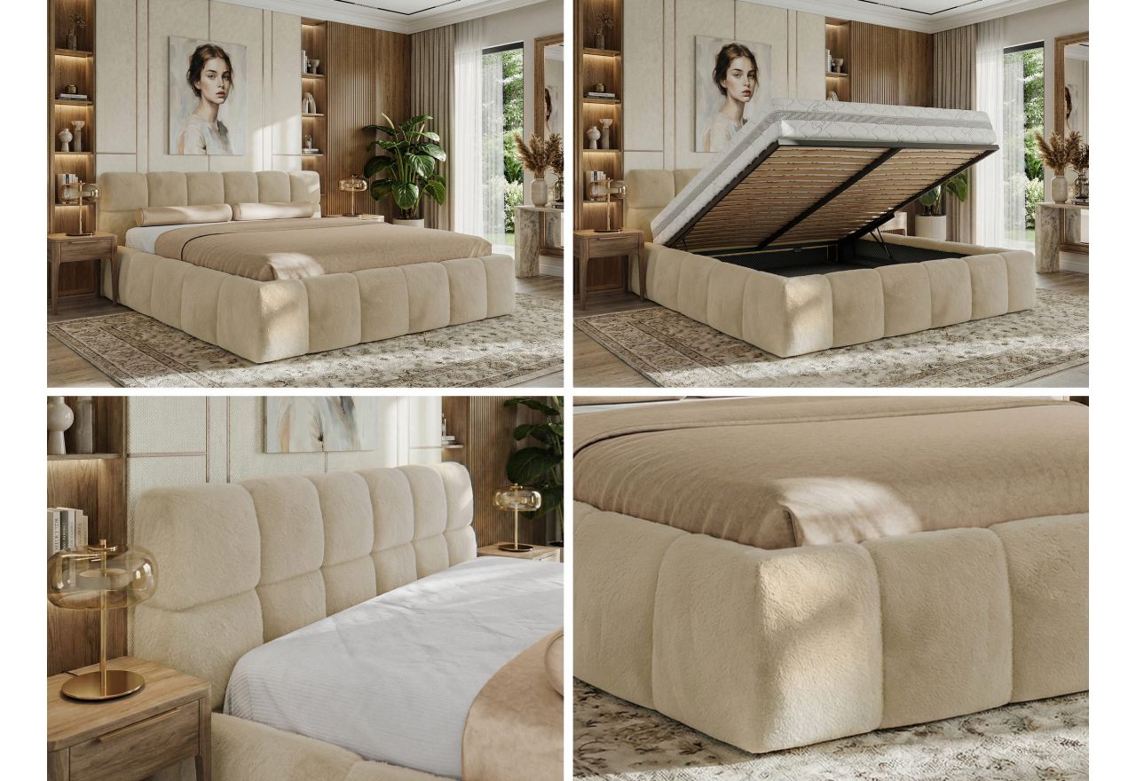 Łóżko tapicerowane NIRA CLASSIC 140x200 - kremowy, plusz